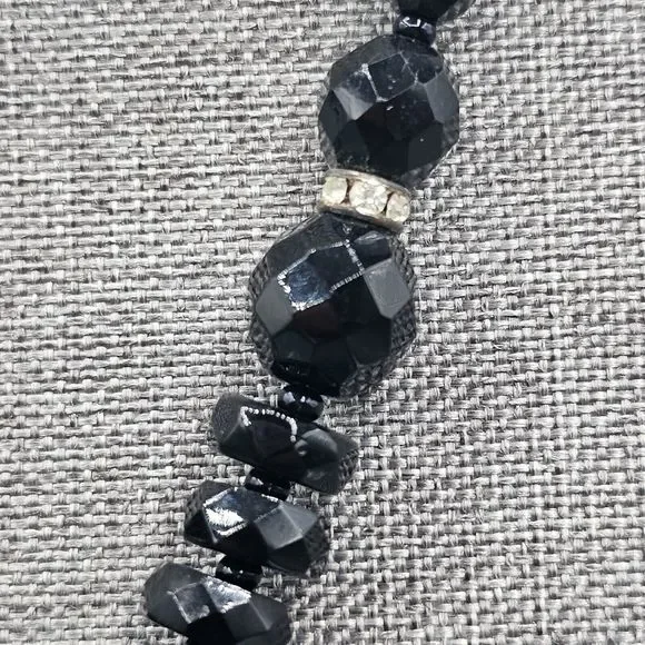 Black Glass Bead Necklace Facet Cut Rhinestone Rondelle Lobster Clasp 24" - Picture 3 of 10